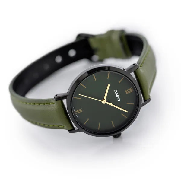 Casio női karóra LTP-VT02BL-3A, zöld számlap, zöld bőr szíj, 30 mm, WR30