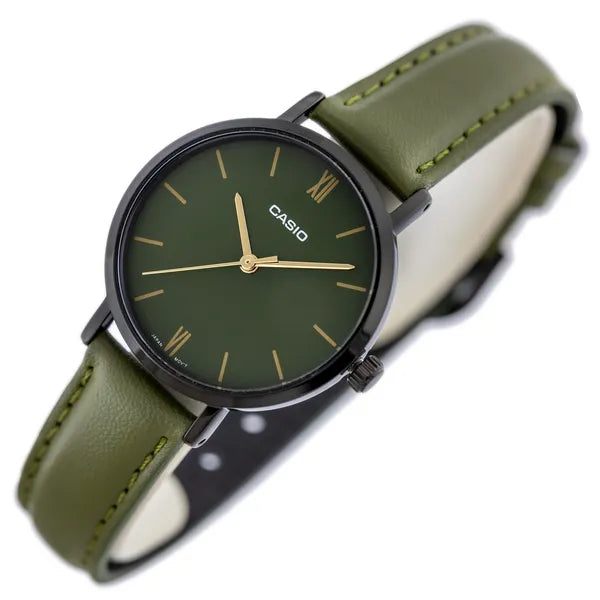 Casio női karóra LTP-VT02BL-3A, zöld számlap, zöld bőr szíj, 30 mm, WR30