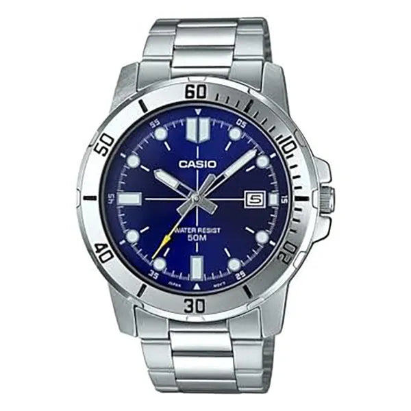 Casio MTP-VD01D-2E férfi karóra, acél szíj, kék számlap, 44 mm, WR50