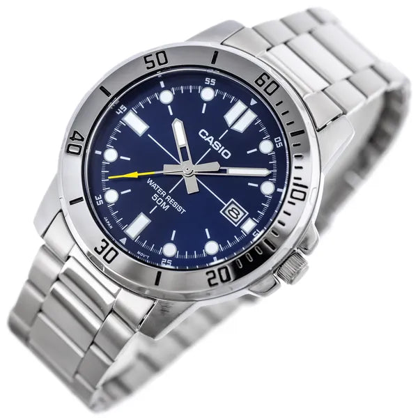 Casio MTP-VD01D-2E férfi karóra, acél szíj, kék számlap, 44 mm, WR50