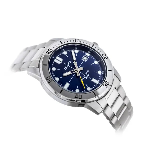 Casio MTP-VD01D-2E férfi karóra, acél szíj, kék számlap, 44 mm, WR50