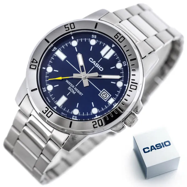 Casio MTP-VD01D-2E férfi karóra, acél szíj, kék számlap, 44 mm, WR50