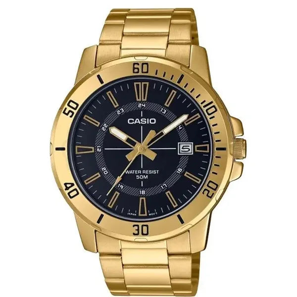 Casio férfi karóra MTP-VD01G-1CVUDF, arany acél, fekete, 44 mm, WR50, dátum