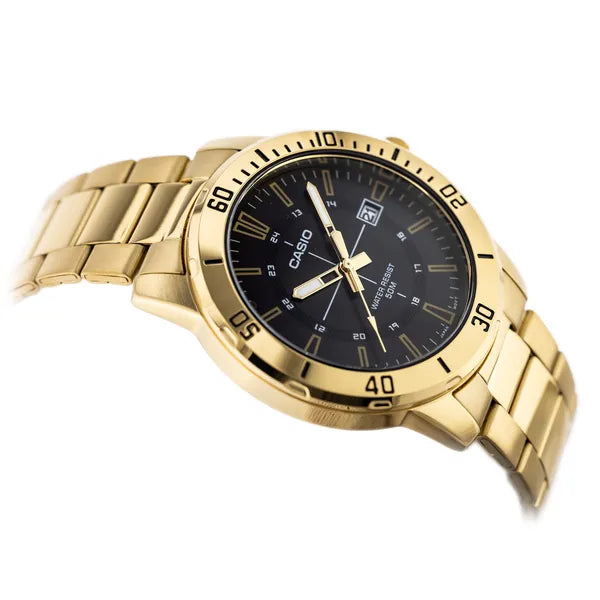 Casio férfi karóra MTP-VD01G-1CVUDF, arany acél, fekete, 44 mm, WR50, dátum