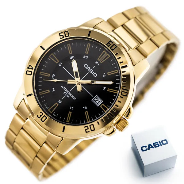 Casio férfi karóra MTP-VD01G-1CVUDF, arany acél, fekete, 44 mm, WR50, dátum