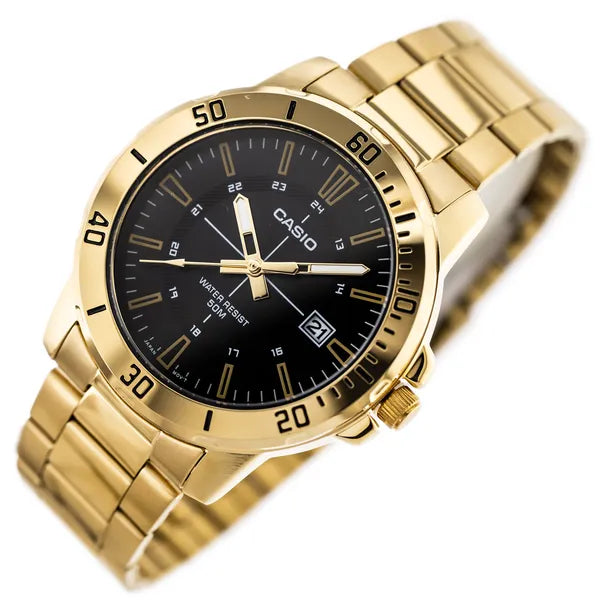 Casio férfi karóra MTP-VD01G-1CVUDF, arany acél, fekete, 44 mm, WR50, dátum
