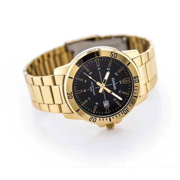 Casio férfi karóra MTP-VD01G-1CVUDF, arany acél, fekete, 44 mm, WR50, dátum