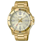 Casio MTP-VD01G-9E férfi karóra, arany, kvarc, acél szíj, WR50, díszdoboz