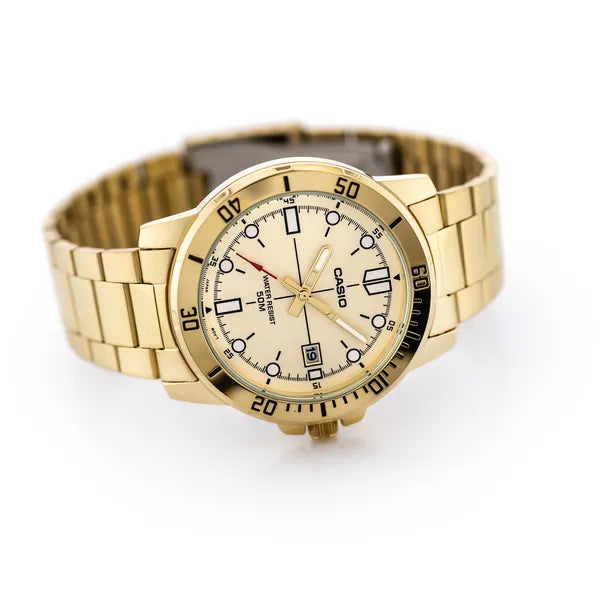 Casio MTP-VD01G-9E férfi karóra, arany, kvarc, acél szíj, WR50, díszdoboz