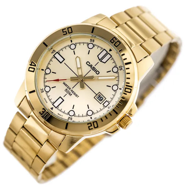 Casio MTP-VD01G-9E férfi karóra, arany, kvarc, acél szíj, WR50, díszdoboz