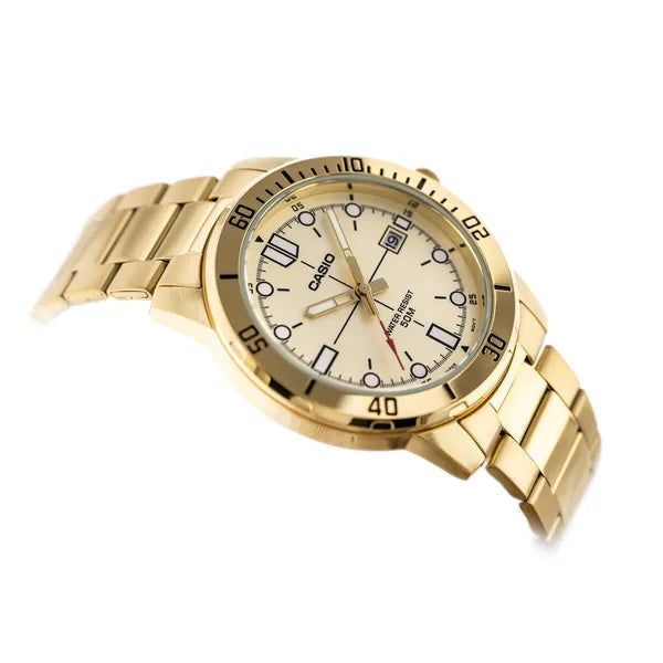 Casio MTP-VD01G-9E férfi karóra, arany, kvarc, acél szíj, WR50, díszdoboz