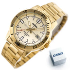 Casio MTP-VD01G-9E férfi karóra, arany, kvarc, acél szíj, WR50, díszdoboz