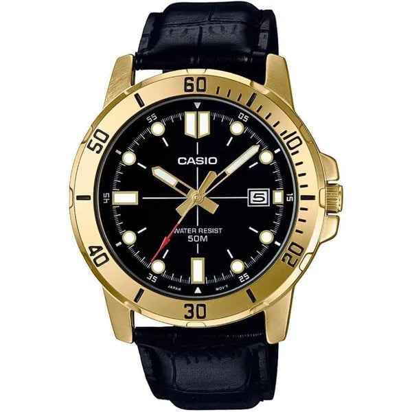 Casio MTP-VD01GL-1E férfi karóra, arany tok, fekete bőrszíj, 44 mm, WR50, dátum