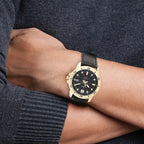 Casio MTP-VD01GL-1E férfi karóra, arany tok, fekete bőrszíj, 44 mm, WR50, dátum