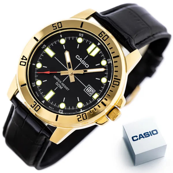 Casio MTP-VD01GL-1E férfi karóra, arany tok, fekete bőrszíj, 44 mm, WR50, dátum