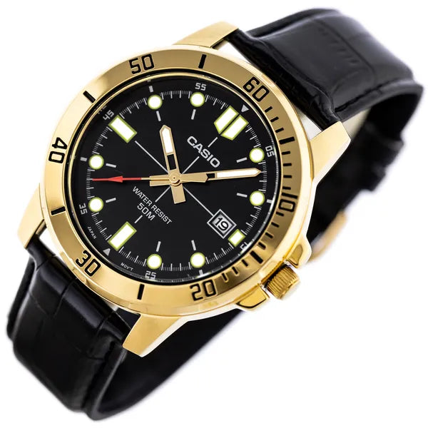 Casio MTP-VD01GL-1E férfi karóra, arany tok, fekete bőrszíj, 44 mm, WR50, dátum
