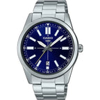 Casio MTP-VD02D-2E férfi karóra, acél szíj, kék számlap, dátum, 3 ATM