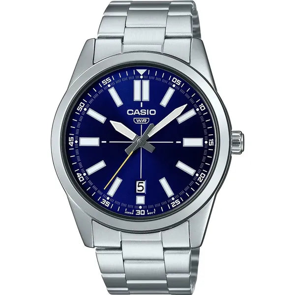 Casio MTP-VD02D-2E férfi karóra, acél szíj, kék számlap, dátum, 3 ATM