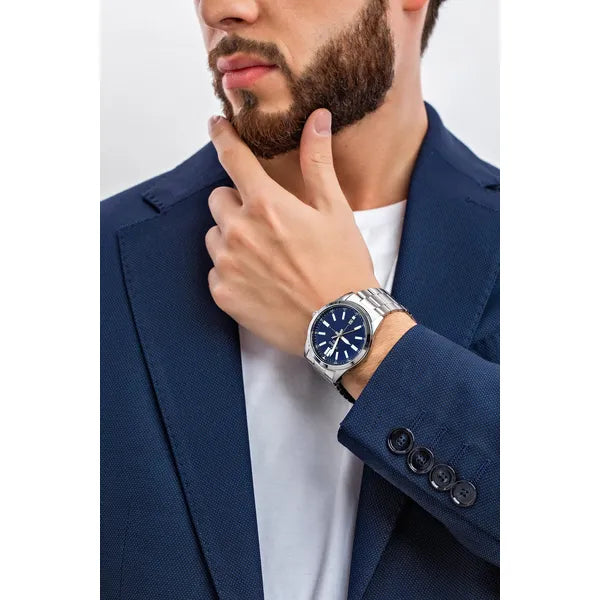 Casio MTP-VD02D-2E férfi karóra, acél szíj, kék számlap, dátum, 3 ATM