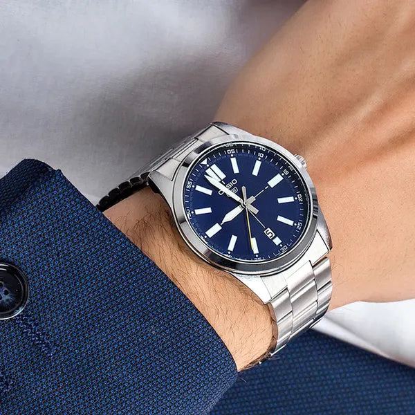 Casio MTP-VD02D-2E férfi karóra, acél szíj, kék számlap, dátum, 3 ATM