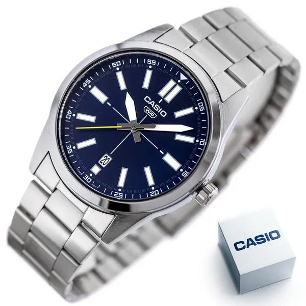 Casio MTP-VD02D-2E férfi karóra, acél szíj, kék számlap, dátum, 3 ATM