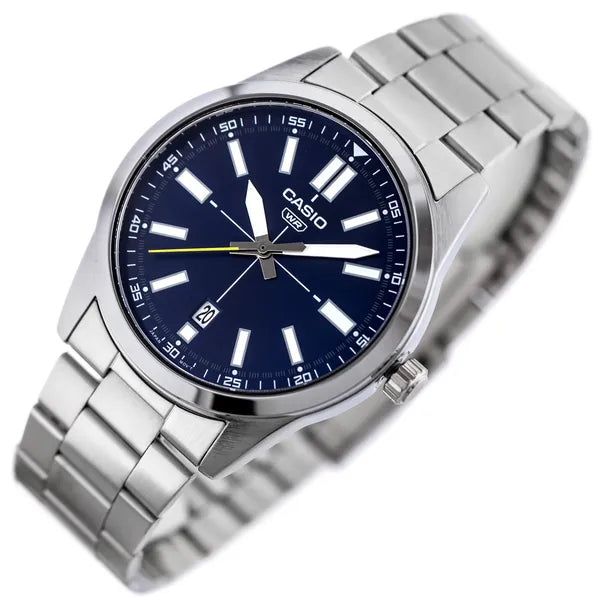 Casio MTP-VD02D-2E férfi karóra, acél szíj, kék számlap, dátum, 3 ATM