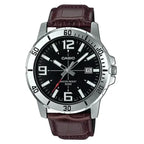 Casio férfi karóra, fekete számlap, barna bőrszíj, WR50, kvarc, dátum