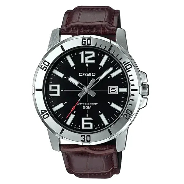 Casio férfi karóra, fekete számlap, barna bőrszíj, WR50, kvarc, dátum