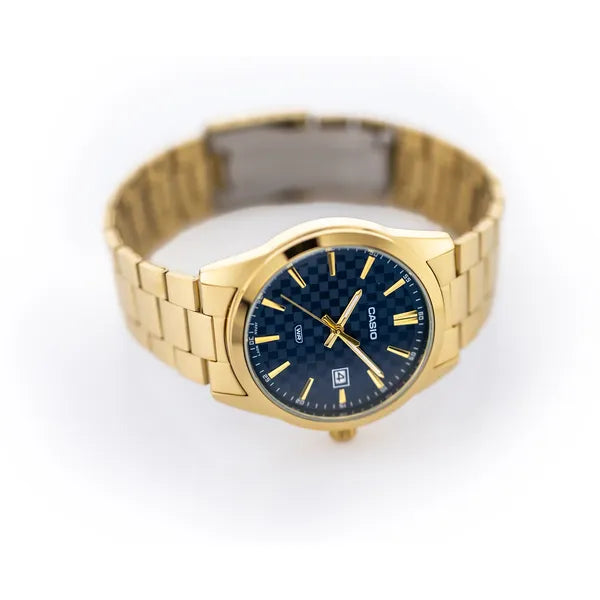Casio MTP-VD03G-2A férfi karóra, arany acél, kék számlap, WR50, 42 mm