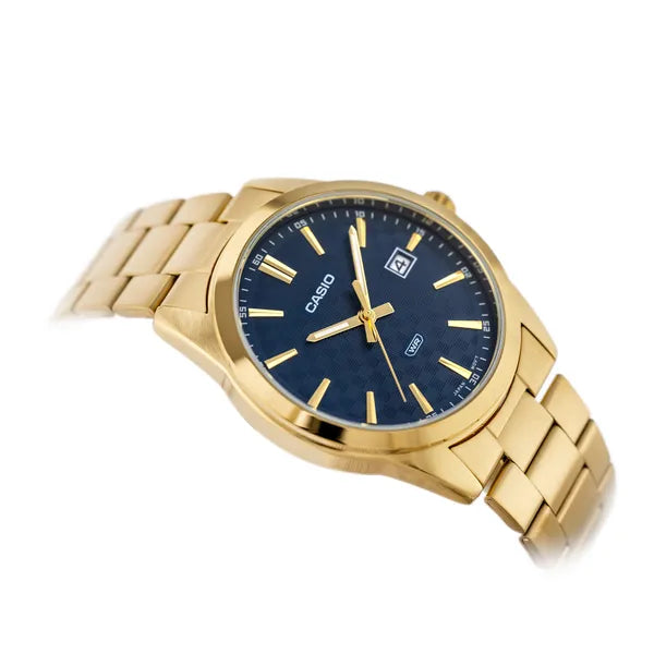Casio MTP-VD03G-2A férfi karóra, arany acél, kék számlap, WR50, 42 mm