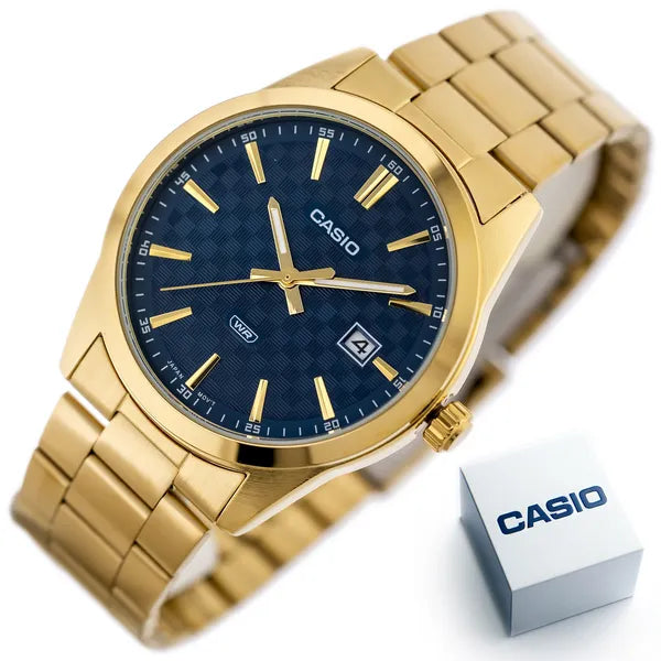 Casio MTP-VD03G-2A férfi karóra, arany acél, kék számlap, WR50, 42 mm