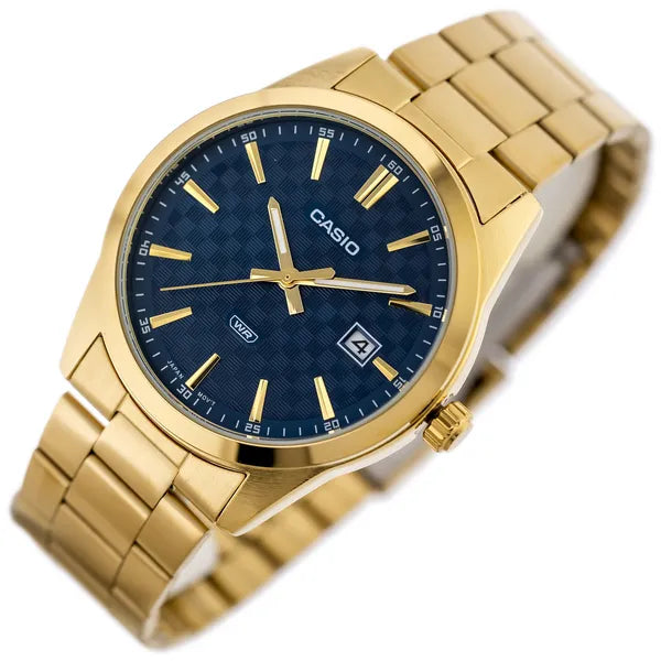 Casio MTP-VD03G-2A férfi karóra, arany acél, kék számlap, WR50, 42 mm
