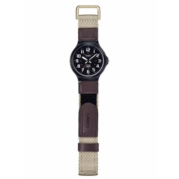 Casio MW-240B-5B férfi karóra, 44 mm, WR50, bőr/textil szíj, fekete számlap