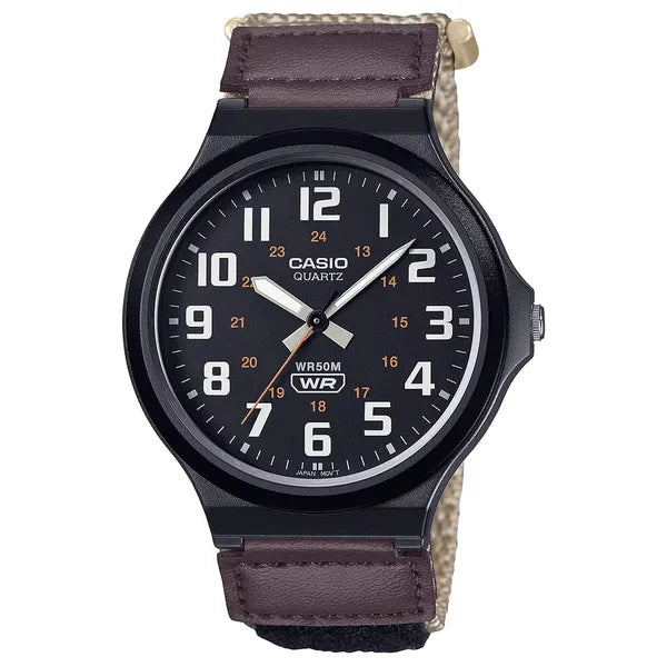Casio MW-240B-5B férfi karóra, 44 mm, WR50, bőr/textil szíj, fekete számlap