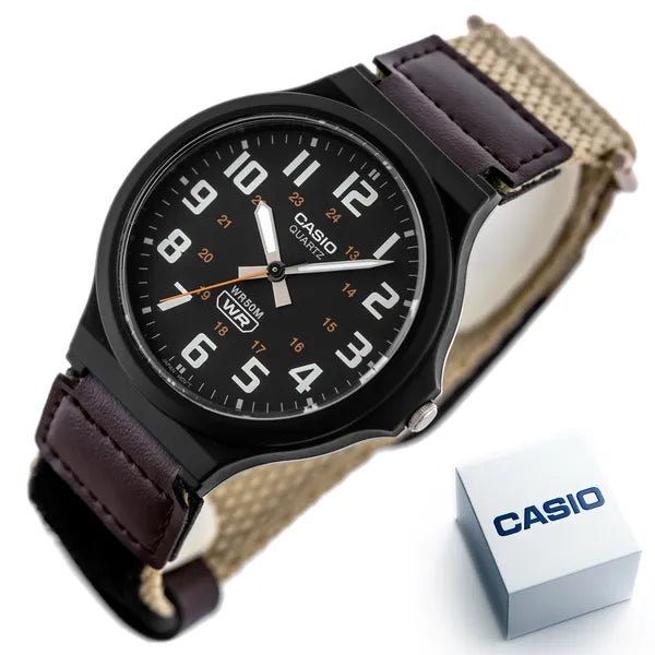 Casio MW-240B-5B férfi karóra, 44 mm, WR50, bőr/textil szíj, fekete számlap