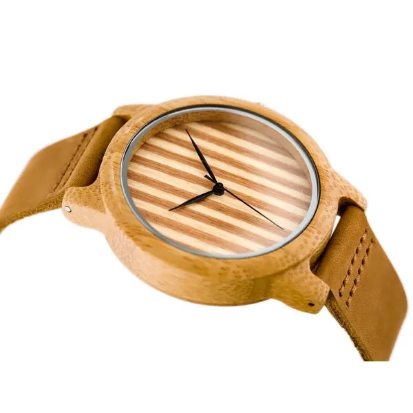 Férfi fa karóra barna bőr szíjjal, kvarc, 43 mm, WR30, díszdobozzal