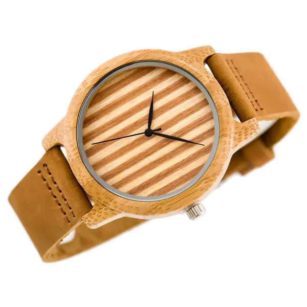 Férfi fa karóra barna bőr szíjjal, kvarc, 43 mm, WR30, díszdobozzal