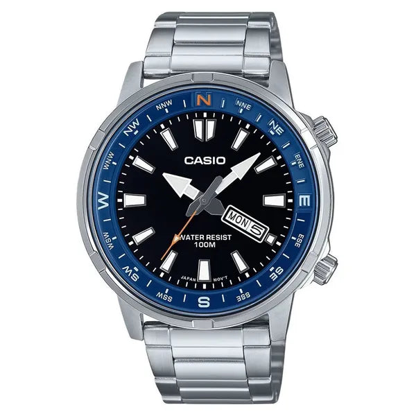 Casio MTD-130D-1A2 férfi karóra, acél szíj, fekete számlap, WR100, díszdobozzal
