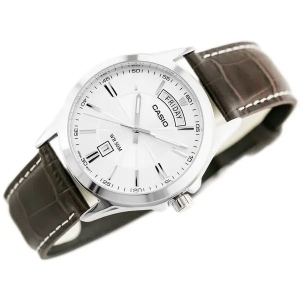 Casio MTP-1381L-7AV férfi karóra, 40 mm, ezüst számlap, barna bőr, WR50