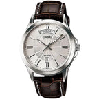 Casio MTP-1381L-7AV férfi karóra, 40 mm, ezüst számlap, barna bőr, WR50