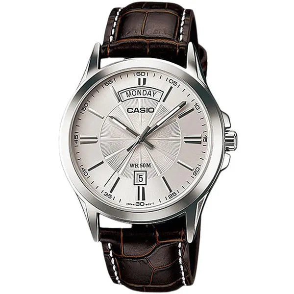 Casio MTP-1381L-7AV férfi karóra, 40 mm, ezüst számlap, barna bőr, WR50