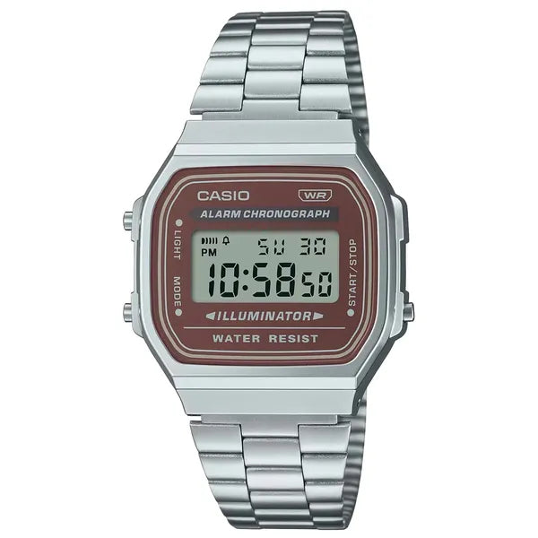 Casio A168WA-5A uniszex vintage digitális karóra, acélszíj, WR30, dobozzal