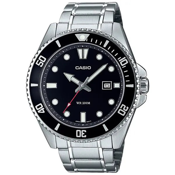 Casio MDV-107D-1A1 férfi búváróra, acél szíj, WR200, fekete számlap