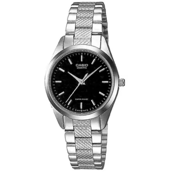 Casio LTP-1274D-1A női karóra, fekete számlap, acél szíj, WR30, kvarc