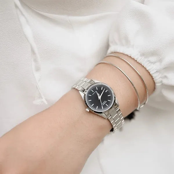Casio LTP-1274D-1A női karóra, fekete számlap, acél szíj, WR30, kvarc