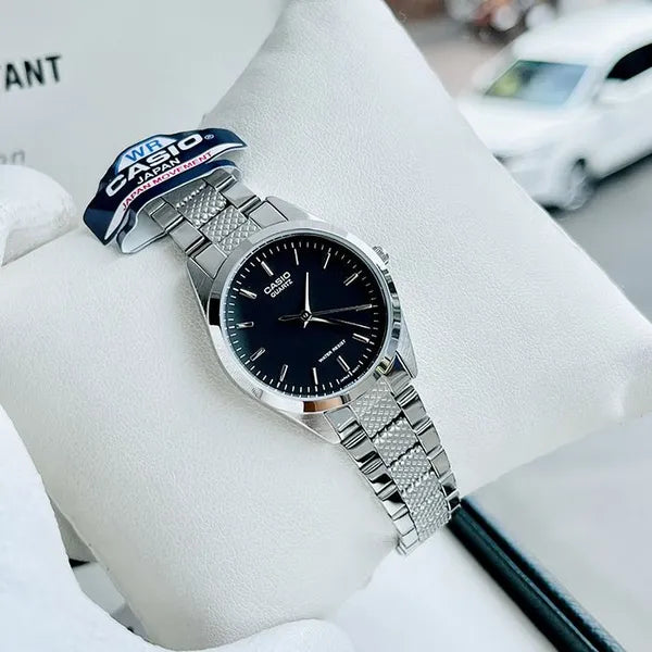 Casio LTP-1274D-1A női karóra, fekete számlap, acél szíj, WR30, kvarc