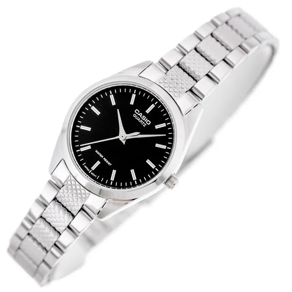 Casio LTP-1274D-1A női karóra, fekete számlap, acél szíj, WR30, kvarc