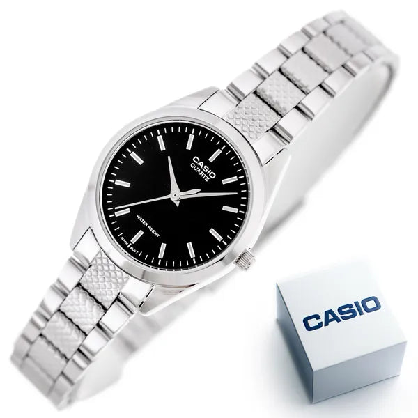 Casio LTP-1274D-1A női karóra, fekete számlap, acél szíj, WR30, kvarc