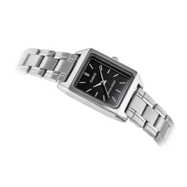 Casio LTP-V007D-1E női karóra, fekete számlap, acél szíj, téglalap tok