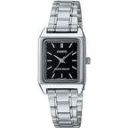 Casio LTP-V007D-1E női karóra, fekete számlap, acél szíj, téglalap tok